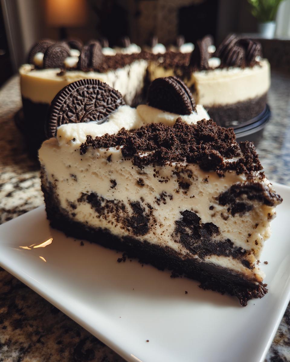 A slice of no bake Oreo cheesecake on a white plate, topped with whipped cream and Oreo cookie pieces.