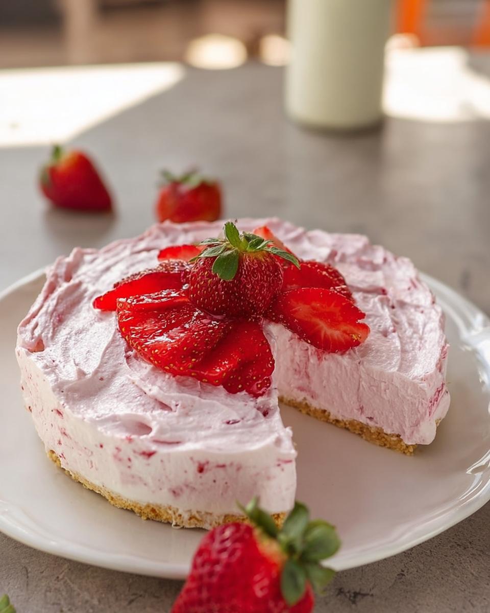 A slice of no-bake strawberry cloud cake, topped with fresh strawberries and strawberry slices.