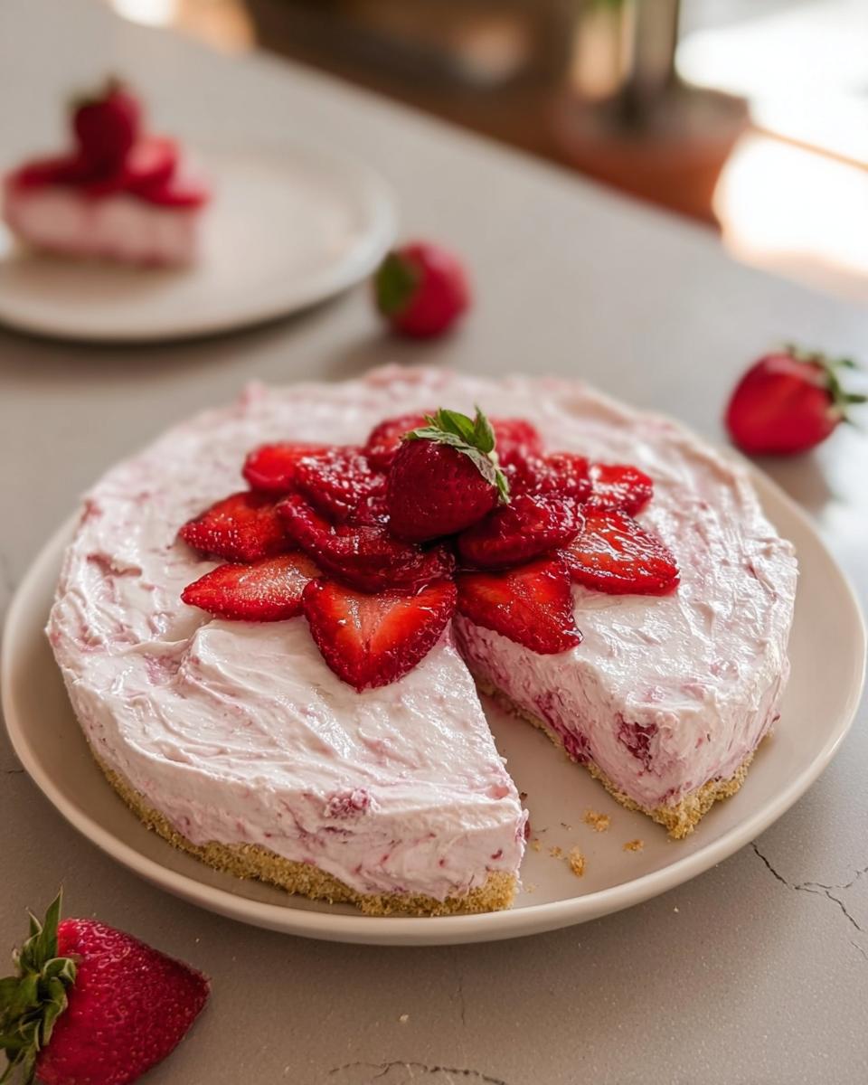 A slice of no-bake strawberry cloud cake topped with fresh strawberries and a mint leaf.