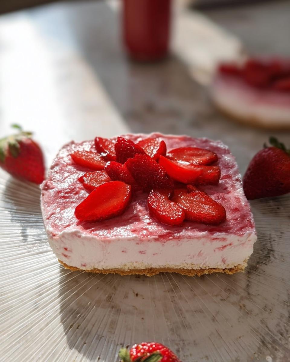 A slice of no-bake strawberry cloud cake topped with fresh strawberries on a clear plate.