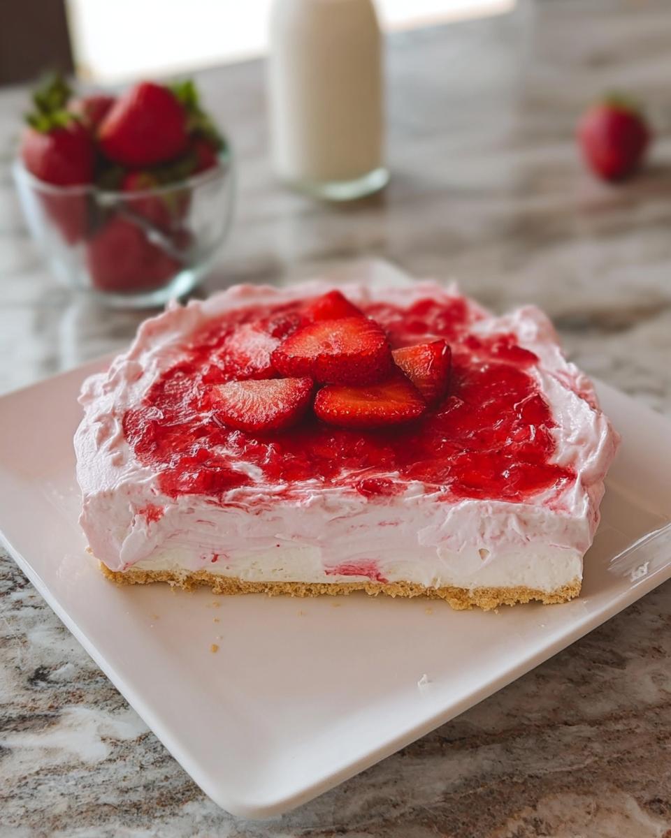 A slice of no-bake strawberry cloud cake topped with fresh strawberries and strawberry sauce.