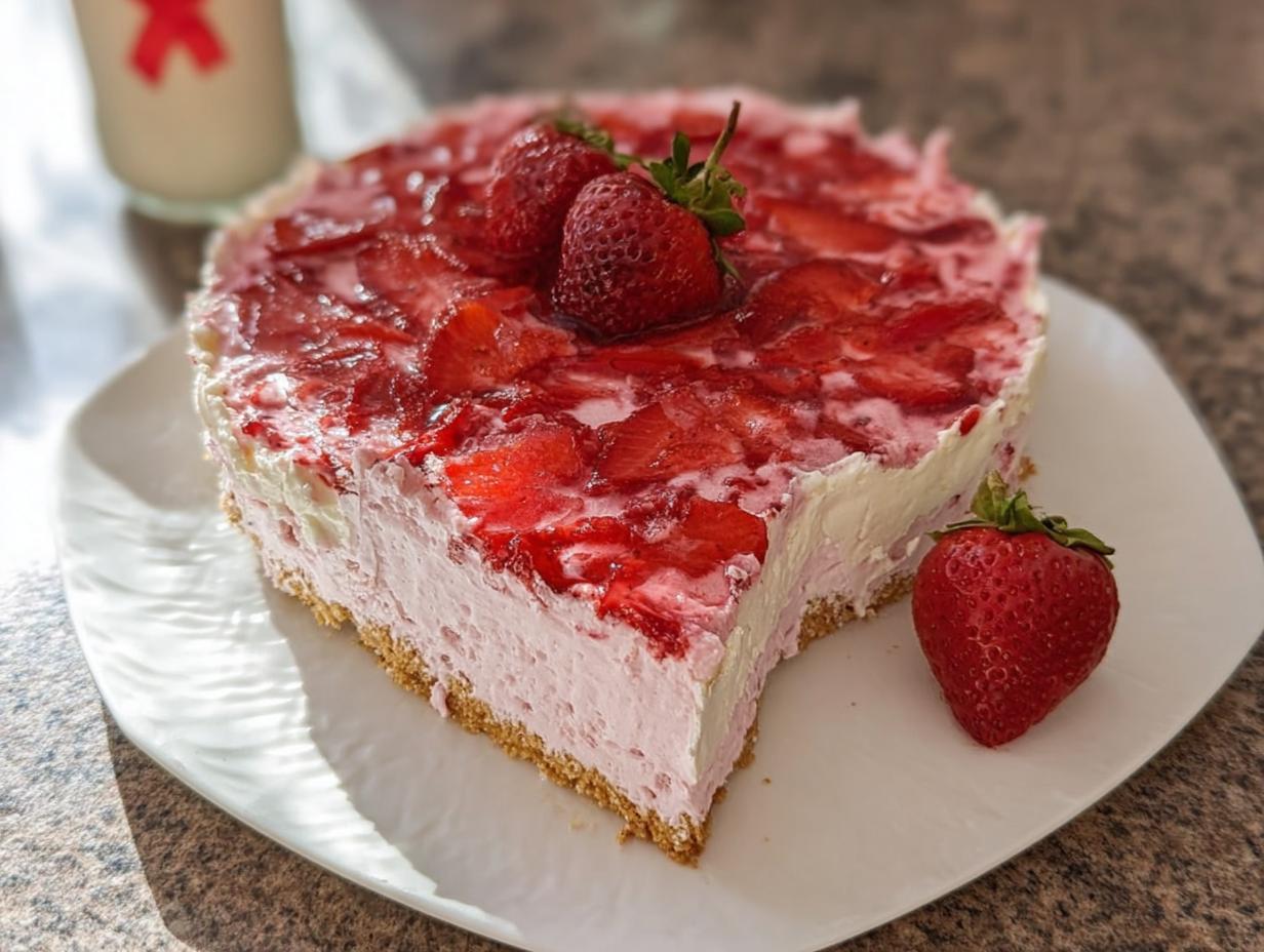 A slice of no-bake strawberry cloud cake on a white plate, topped with fresh strawberries.