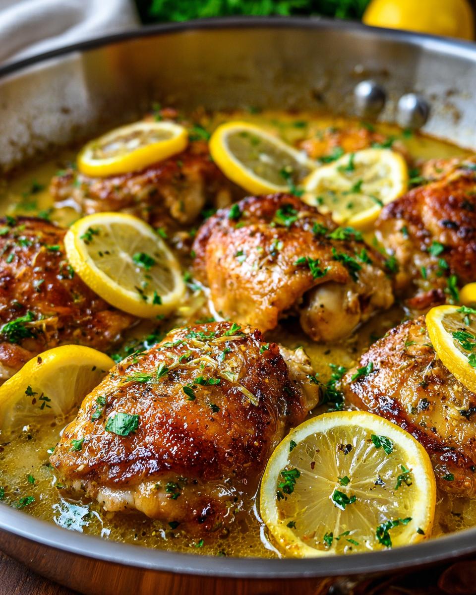 Close-up of juicy, golden-brown chicken thighs cooked in a lemon sauce with lemon slices and parsley in a pan.