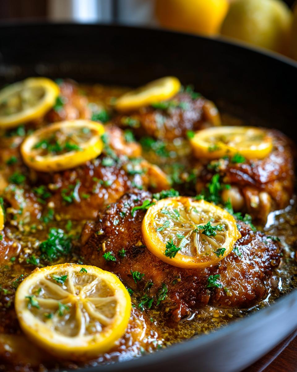 Close-up of juicy chicken thighs cooked in a lemon sauce, garnished with lemon slices and parsley, perfect for easy dinner recipes.