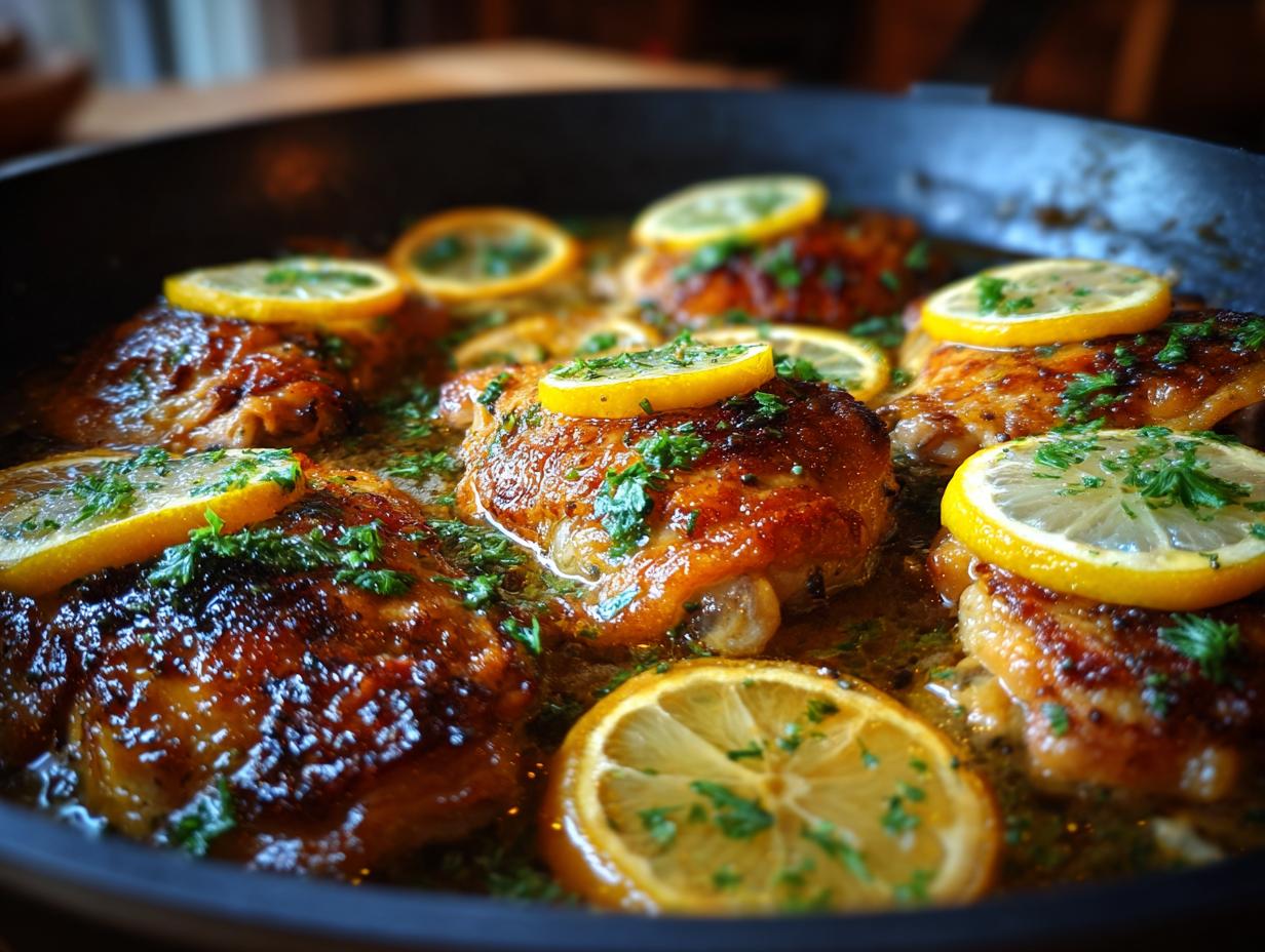 Close-up of juicy, golden-brown chicken thighs cooked in a pan with lemon slices and fresh parsley. A perfect one pan lemon chicken dish.