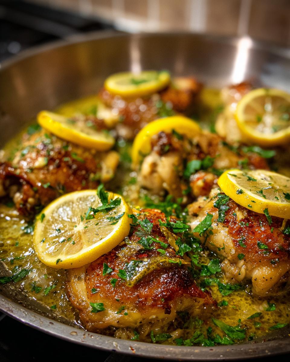 Close-up of golden brown chicken thighs cooked in a skillet with lemon slices and fresh parsley, part of easy dinner recipes.