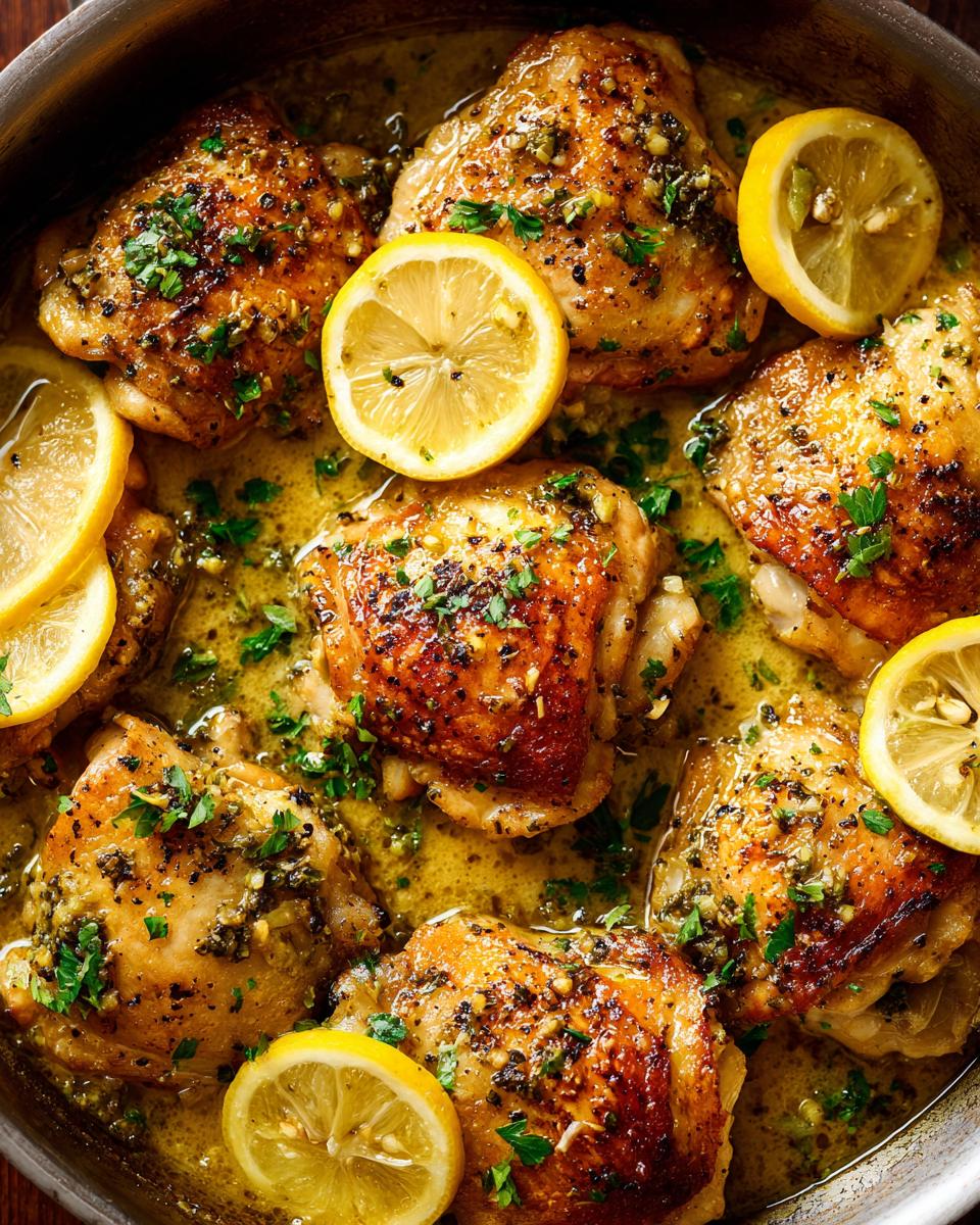 Close-up of golden-brown chicken thighs cooked in a lemon herb sauce, garnished with lemon slices and parsley.