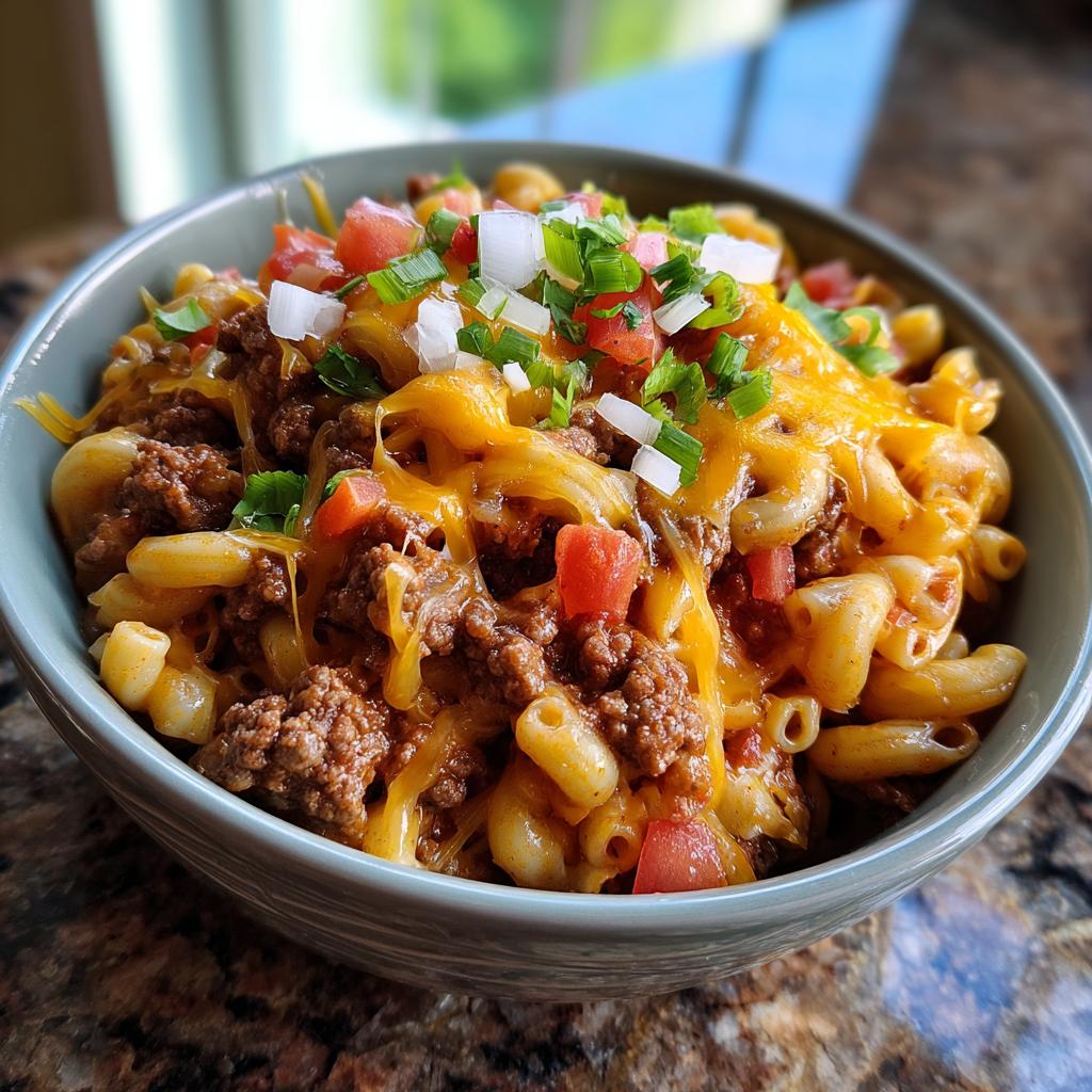 A bowl of One Pot Taco Pasta topped with melted cheddar cheese, diced tomatoes, and green onions.