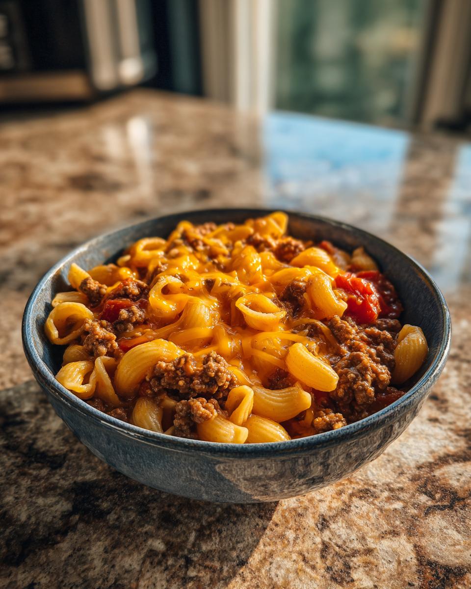 A bowl of one pot taco pasta with ground beef, elbow macaroni, and melted cheddar cheese.