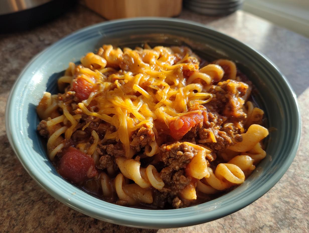 A bowl of One Pot Taco Pasta with ground beef, tomatoes, and melted cheddar cheese.
