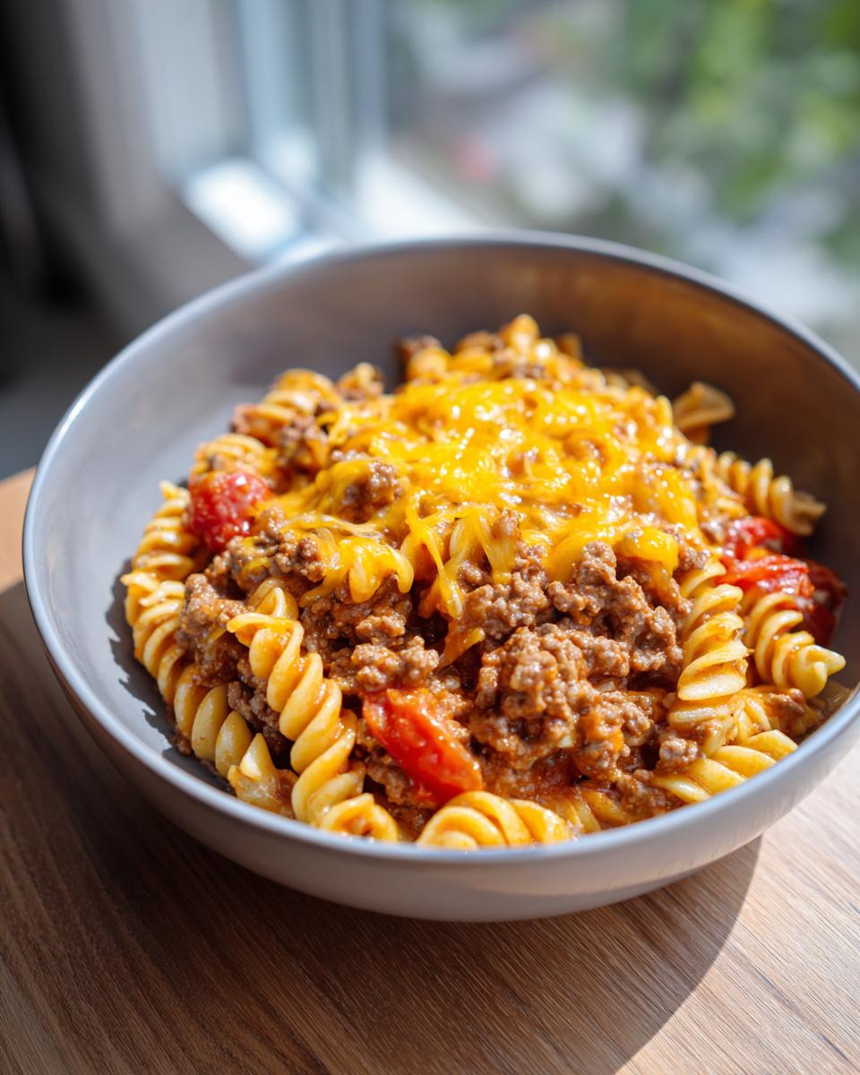 A bowl of one pot taco pasta with fusilli noodles, ground beef, tomatoes, and melted cheddar cheese.