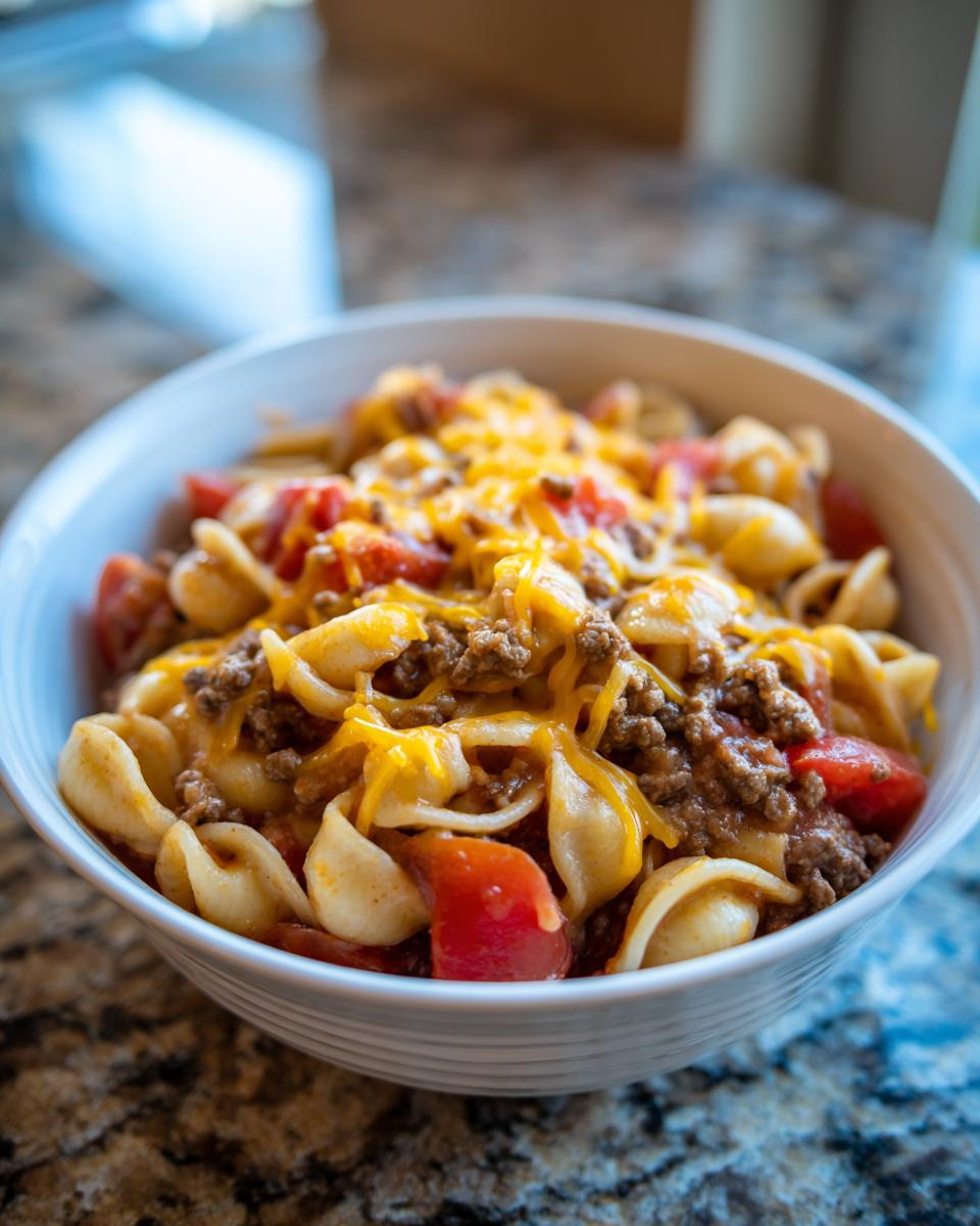 A bowl of One Pot Taco Pasta loaded with ground beef, tomatoes, and melted cheddar cheese.
