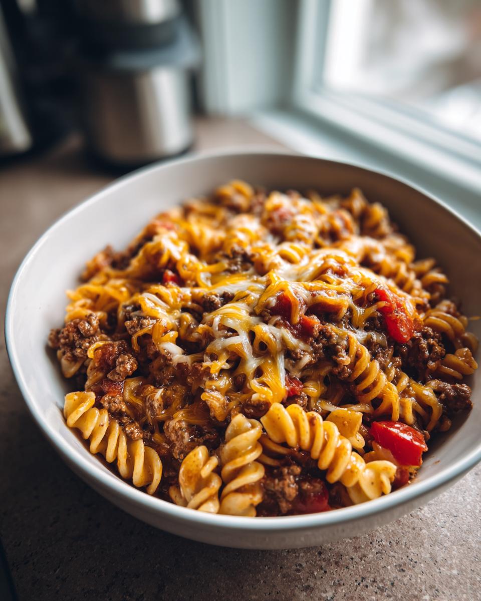 A bowl of delicious one pot taco pasta topped with melted shredded cheese.
