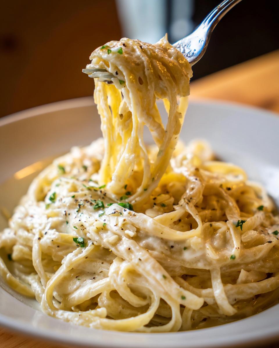 A fork twirls a generous portion of fettuccine pasta coated in creamy Alfredo sauce, garnished with herbs and pepper. This is a pasta recipe that turns roasted garlic into the best Alfredo.