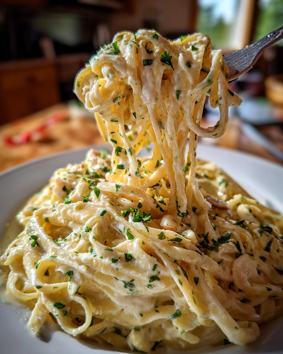 A fork lifting a swirl of fettuccine pasta coated in creamy Alfredo sauce, garnished with parsley. This is part of Pasta Recipes That Turn Roasted Garlic Into the Best Alfredo.