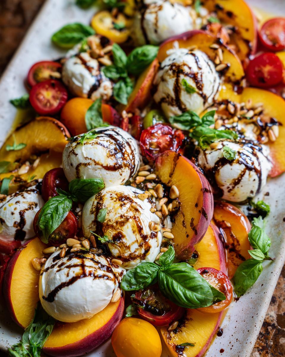 A vibrant summer salad featuring slices of fresh peaches, cherry tomatoes, creamy burrata balls, basil, and pine nuts, drizzled with balsamic glaze.