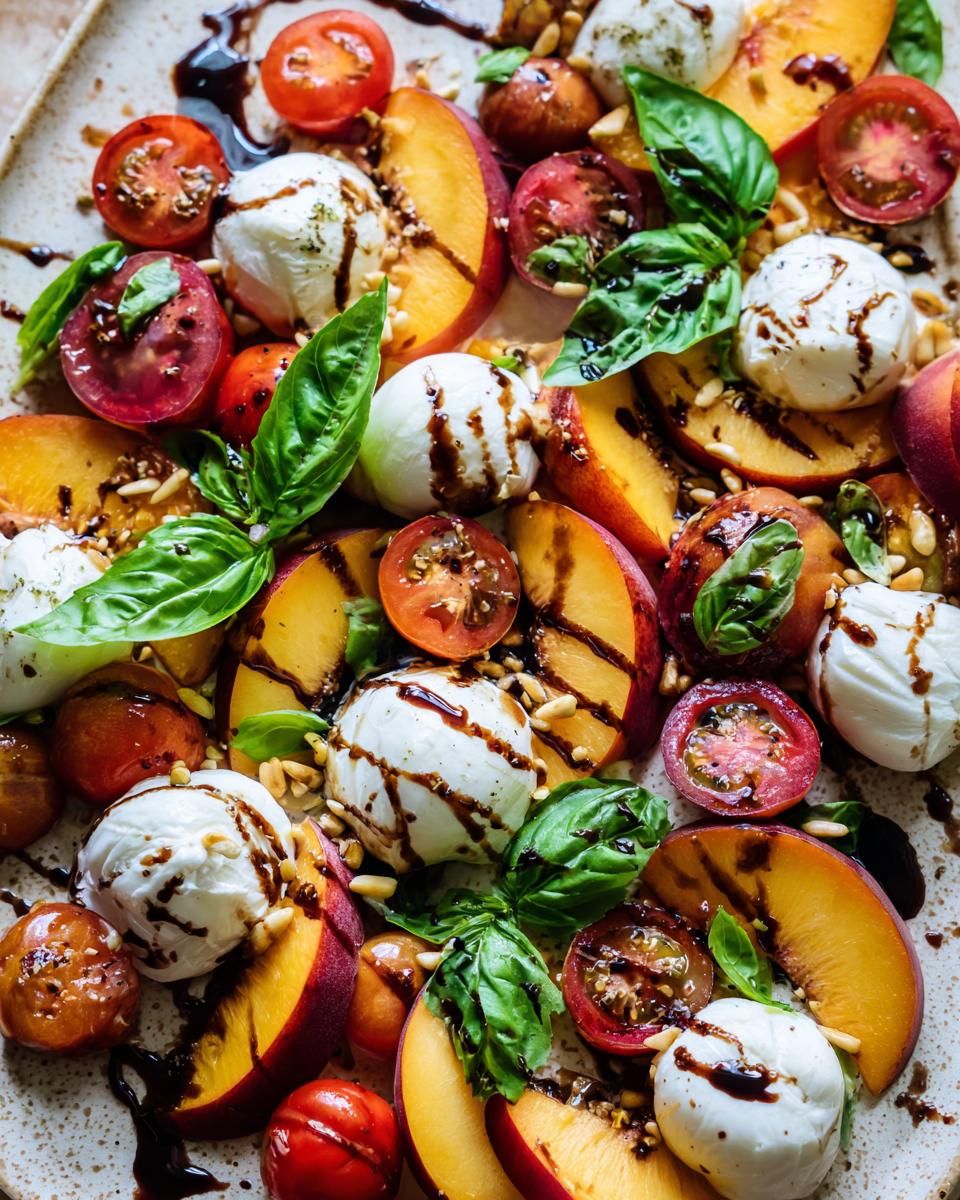 A vibrant summer salad platter featuring fresh peaches, burrata cheese, cherry tomatoes, basil, and a balsamic glaze.