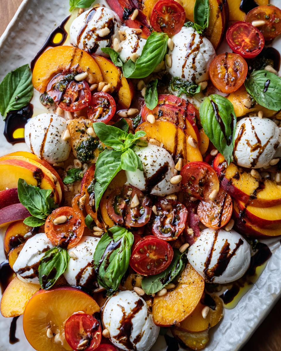 A vibrant summer salad platter featuring sliced peaches, burrata cheese balls, cherry tomatoes, basil leaves, and pine nuts, drizzled with balsamic glaze.