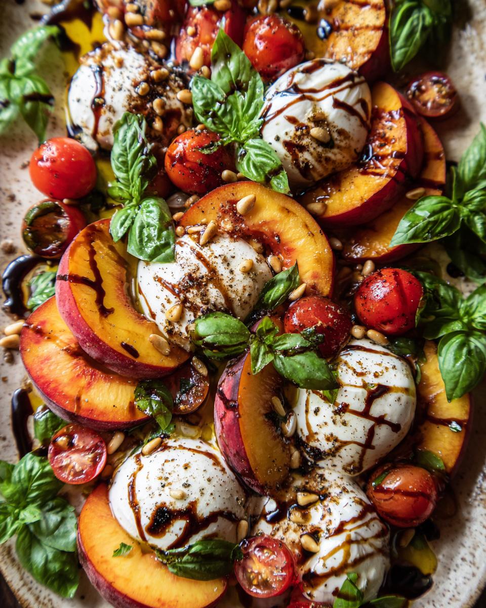 A vibrant summer salad featuring slices of fresh peaches, creamy burrata cheese, cherry tomatoes, and basil leaves, drizzled with balsamic glaze.