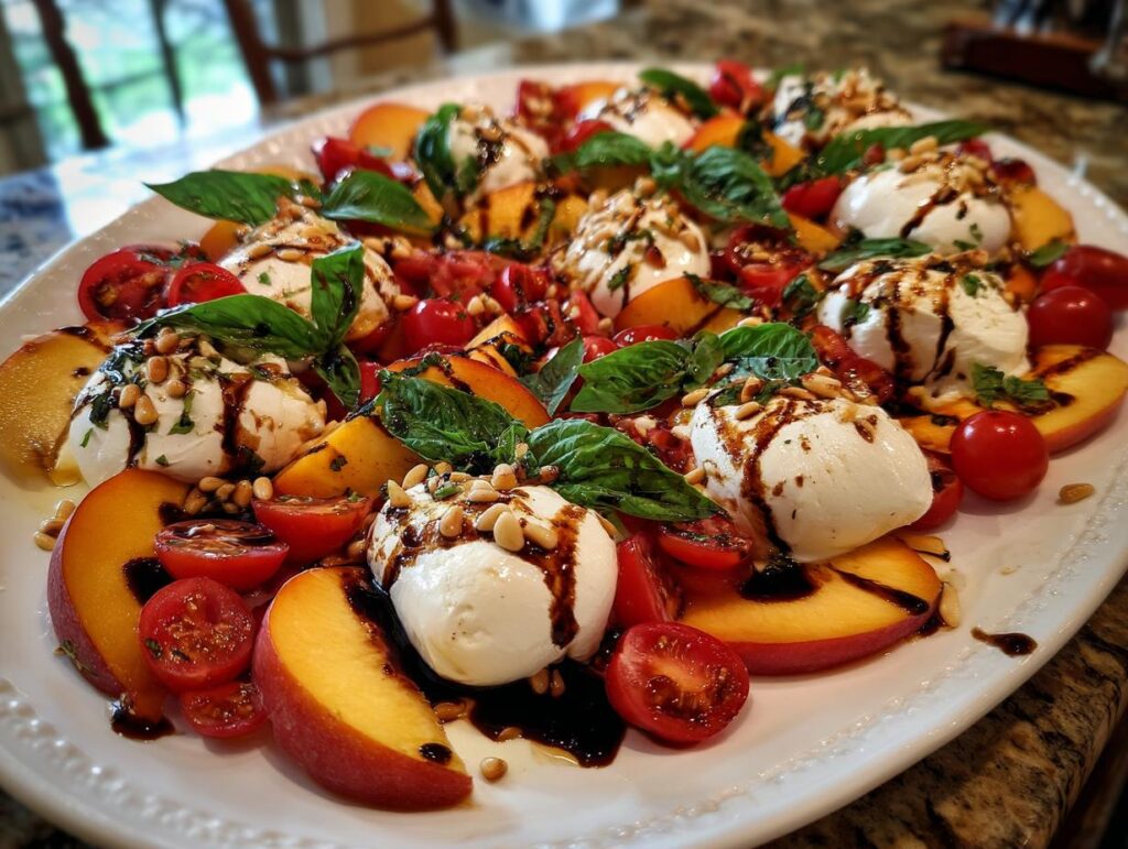 A vibrant summer salad platter featuring fresh peaches, burrata cheese, cherry tomatoes, basil, and a balsamic glaze.