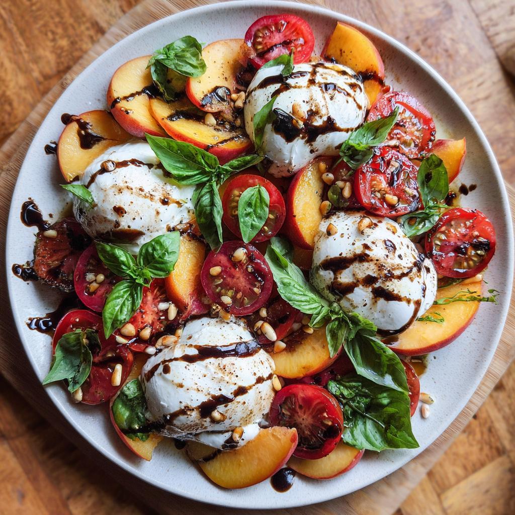 A vibrant summer salad featuring peach slices, cherry tomatoes, burrata cheese, basil, and a balsamic glaze.