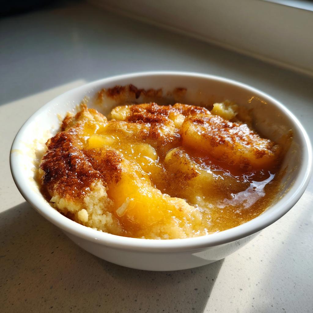 A close-up of a warm peach cobbler with brown sugar topping in a white bowl, perfect for summer dessert.