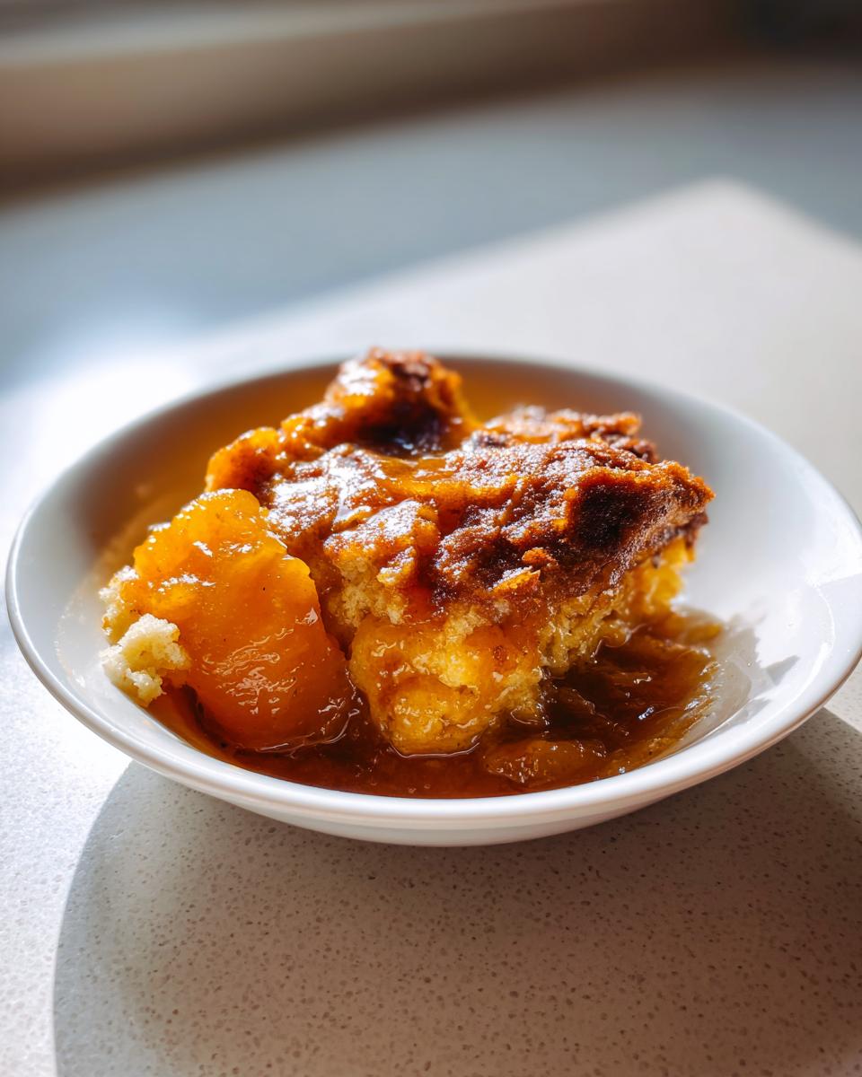A close-up of a serving of peach cobbler with brown sugar topping in a white bowl, showcasing tender peaches and a golden crust.