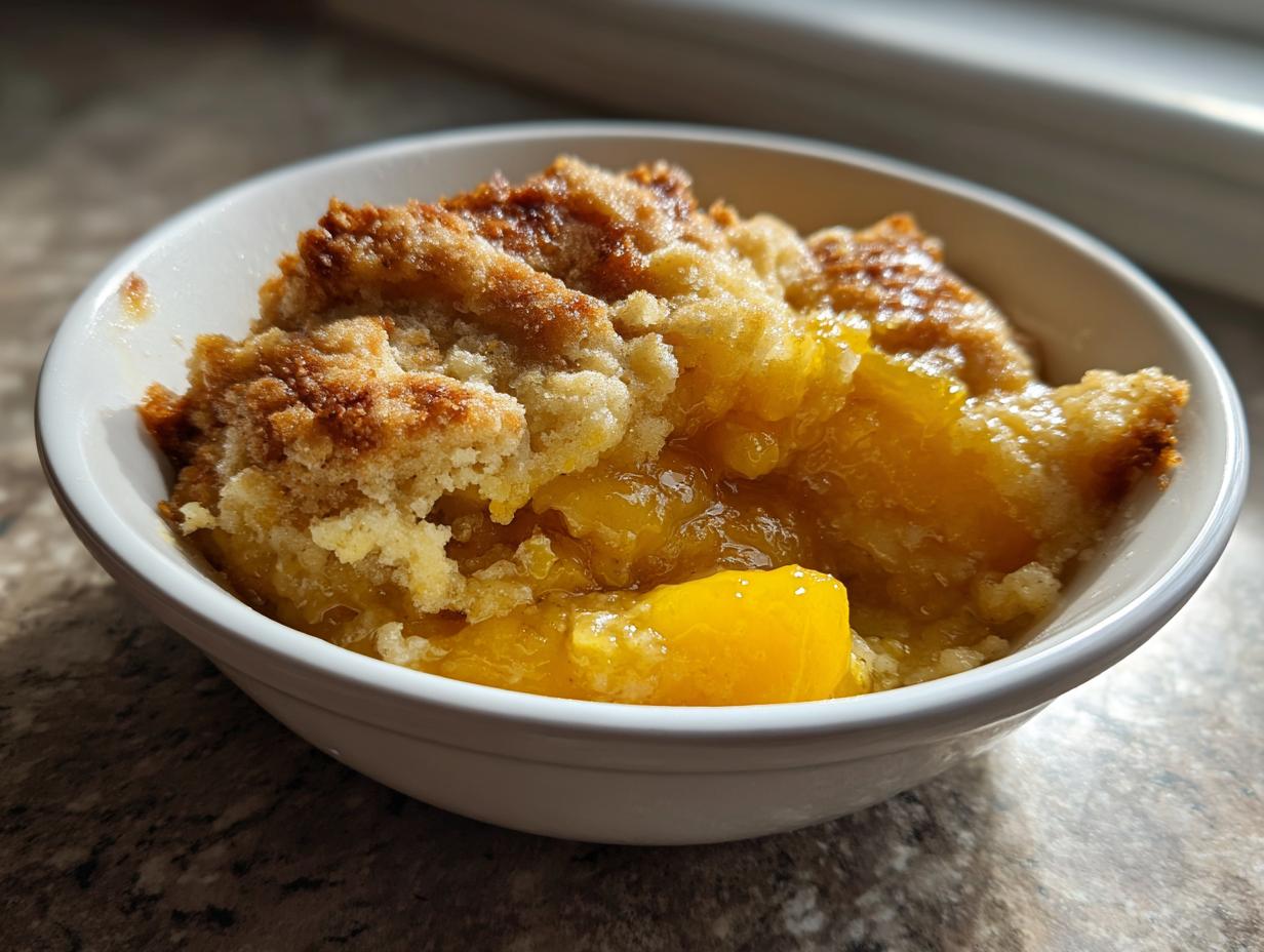 A close-up of a single serving of brown sugar peach cobbler in a white bowl, showcasing juicy peaches and a golden-brown crumble topping.