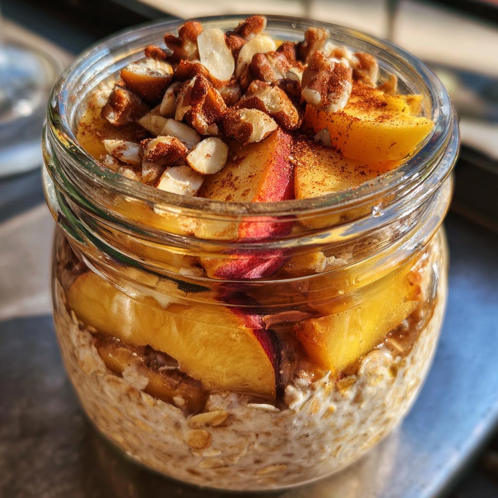 Overnight oats in a jar layered with fresh peach slices, nuts, and cinnamon, making it taste like peach crisp.