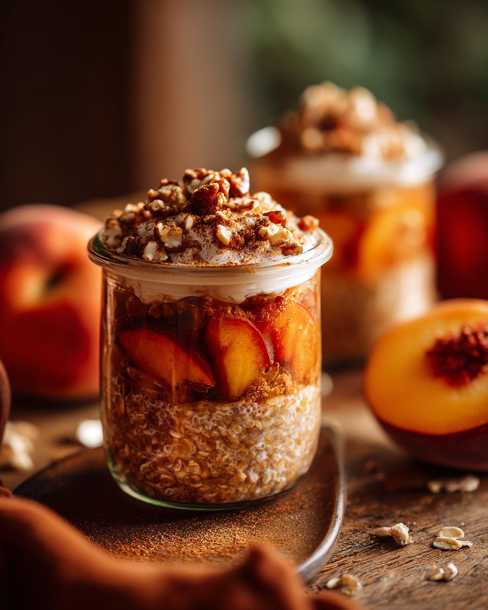 A close-up of peach crisp overnight oats in a jar, topped with cream, nuts, and cinnamon.