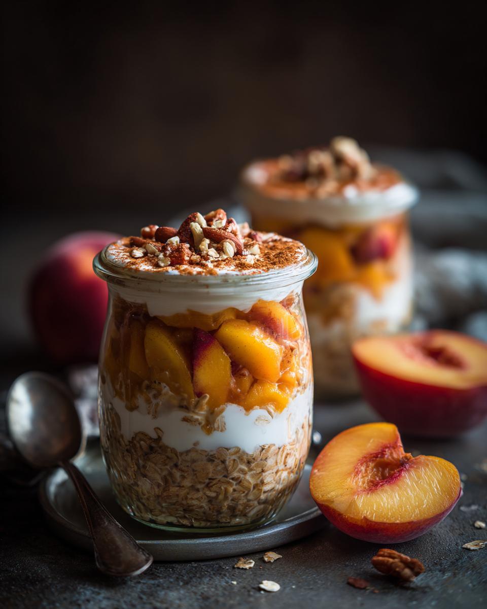 Close-up of peach crisp overnight oats in a jar, layered with oats, yogurt, and fresh peaches, topped with nuts and cinnamon.