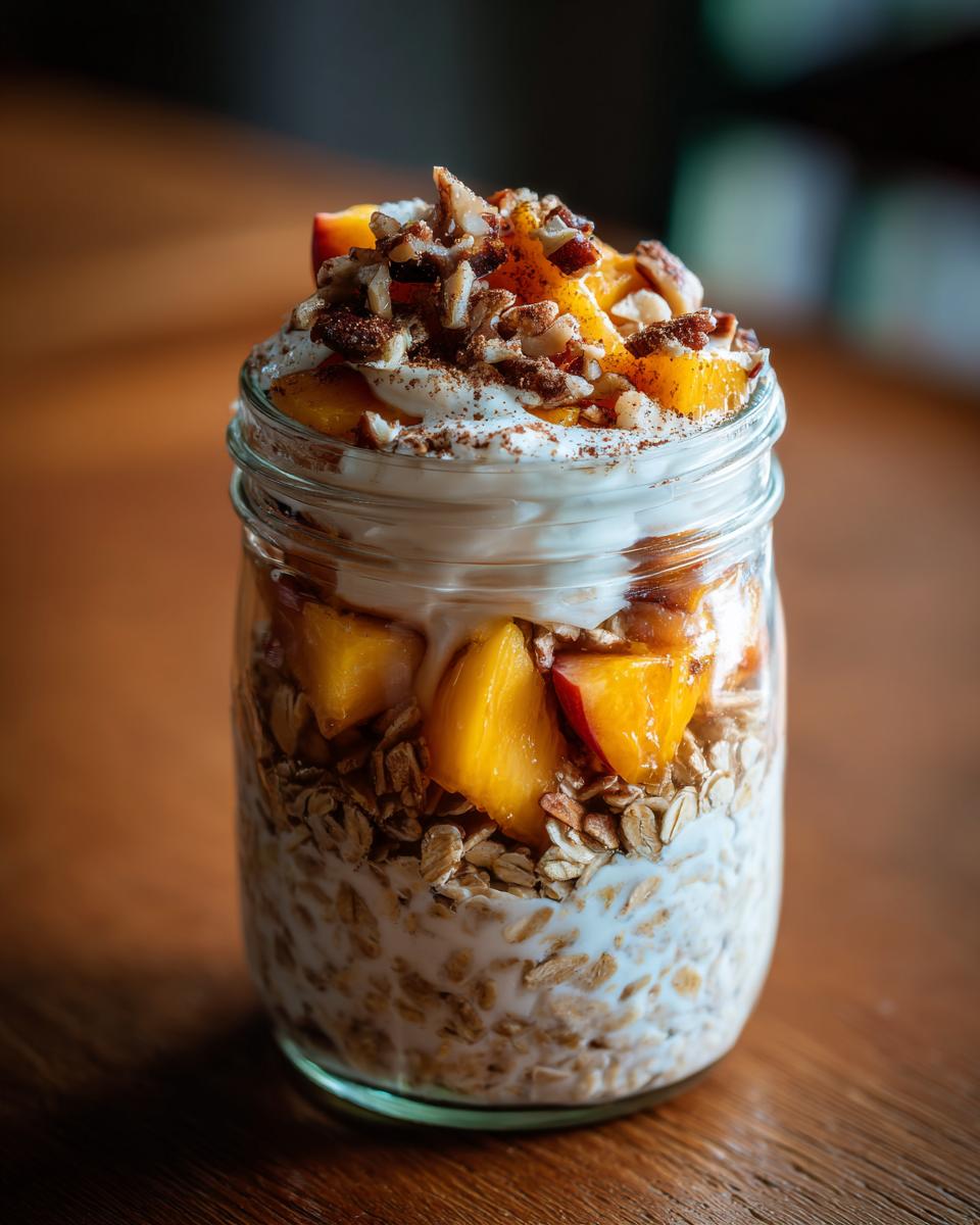 Overnight oats with fresh peaches, yogurt, and nuts, resembling peach crisp.