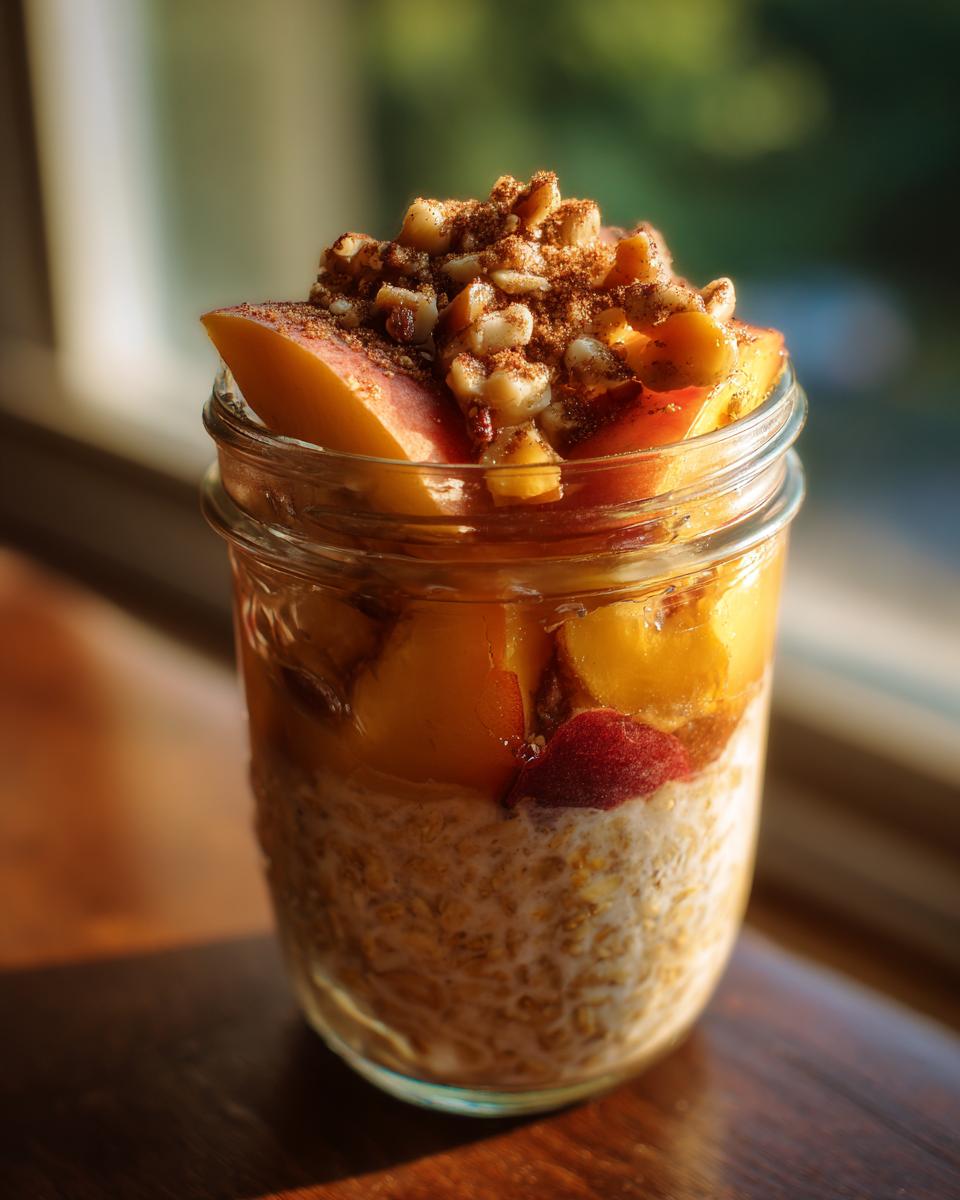 Overnight oats in a jar topped with fresh peach slices, walnuts, and cinnamon for a Peach Crisp flavor.