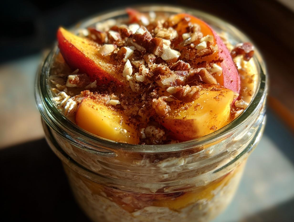 Close-up of Peach Crisp Overnight Oats in a jar, topped with fresh peach slices and chopped pecans.