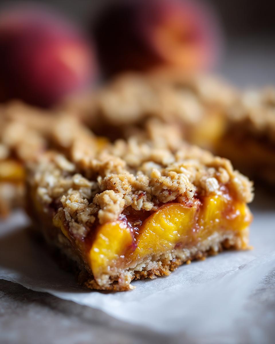 Close-up of a slice of peach crumble bars with a buttery oat topping and juicy peach filling.