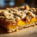 A close-up of a slice of peach crumble bars, showcasing the juicy peach filling and buttery oat topping.