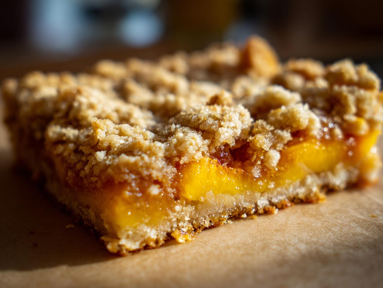 A close-up of a slice of peach crumble bars, showcasing the juicy peach filling and buttery oat topping.