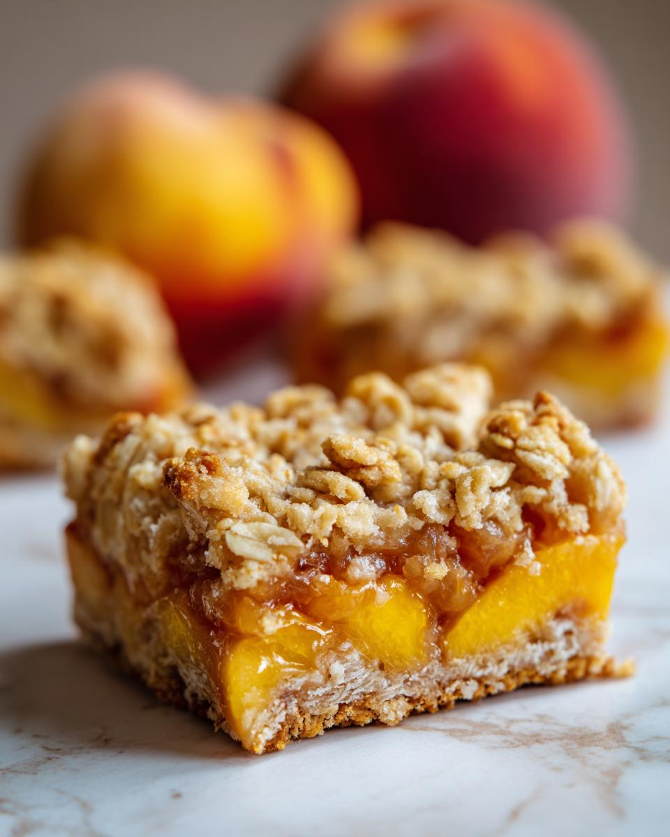 Close-up of a delicious peach crumble bar with a buttery oat topping and fresh peaches in the background.