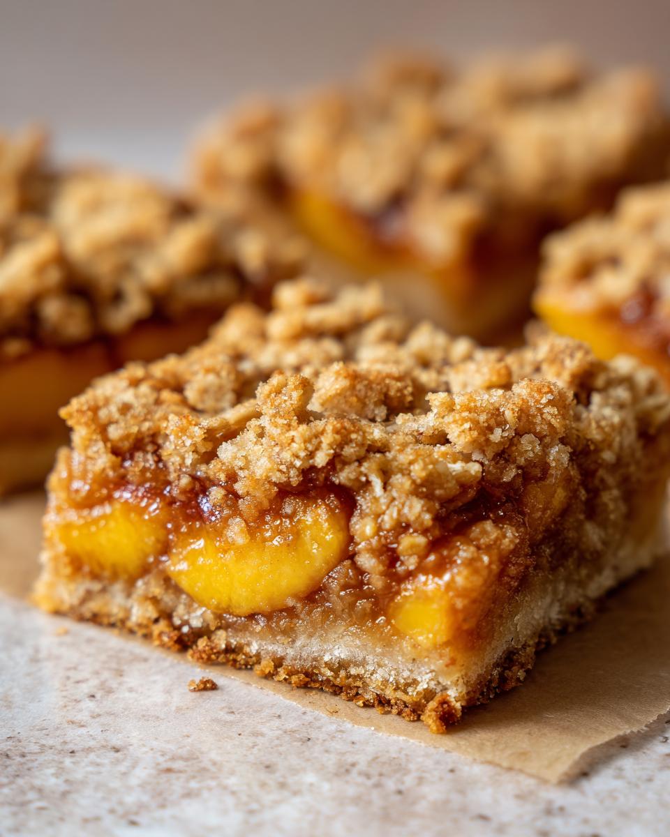 Close-up of a peach crumble bar with a buttery oat topping and visible peach slices.