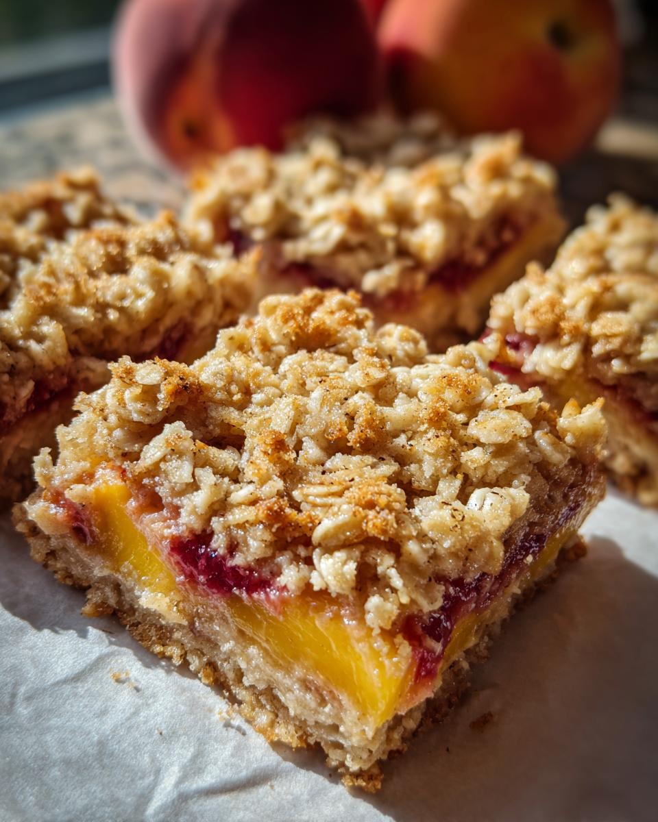Close-up of a slice of peach crumble bars with a buttery oat topping and a layer of vibrant peach filling.