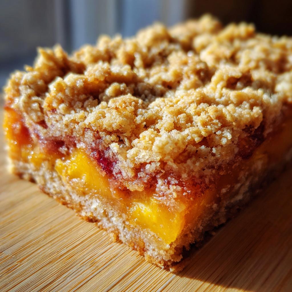 A close-up of a single slice of peach crumble bars, showcasing the layers of buttery oat topping and juicy peach filling.