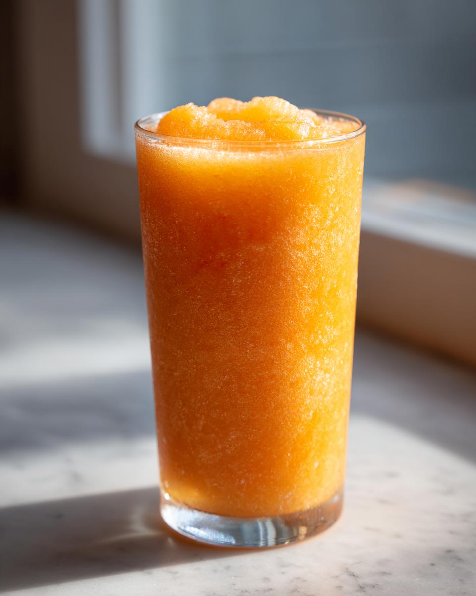 A tall glass filled with a vibrant orange iced tea slush, perfect for hot afternoons.