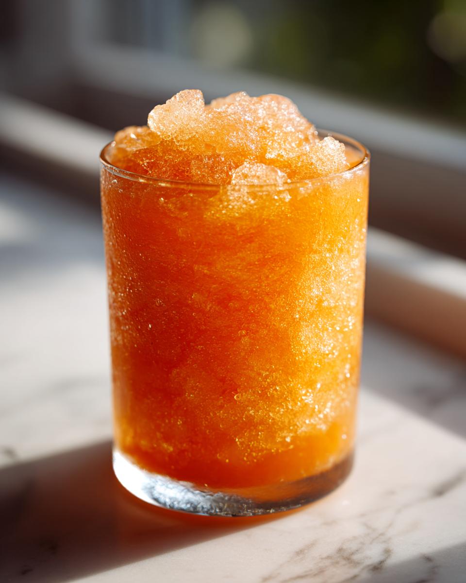 A refreshing glass of peach iced tea slush, perfect for hot afternoons.