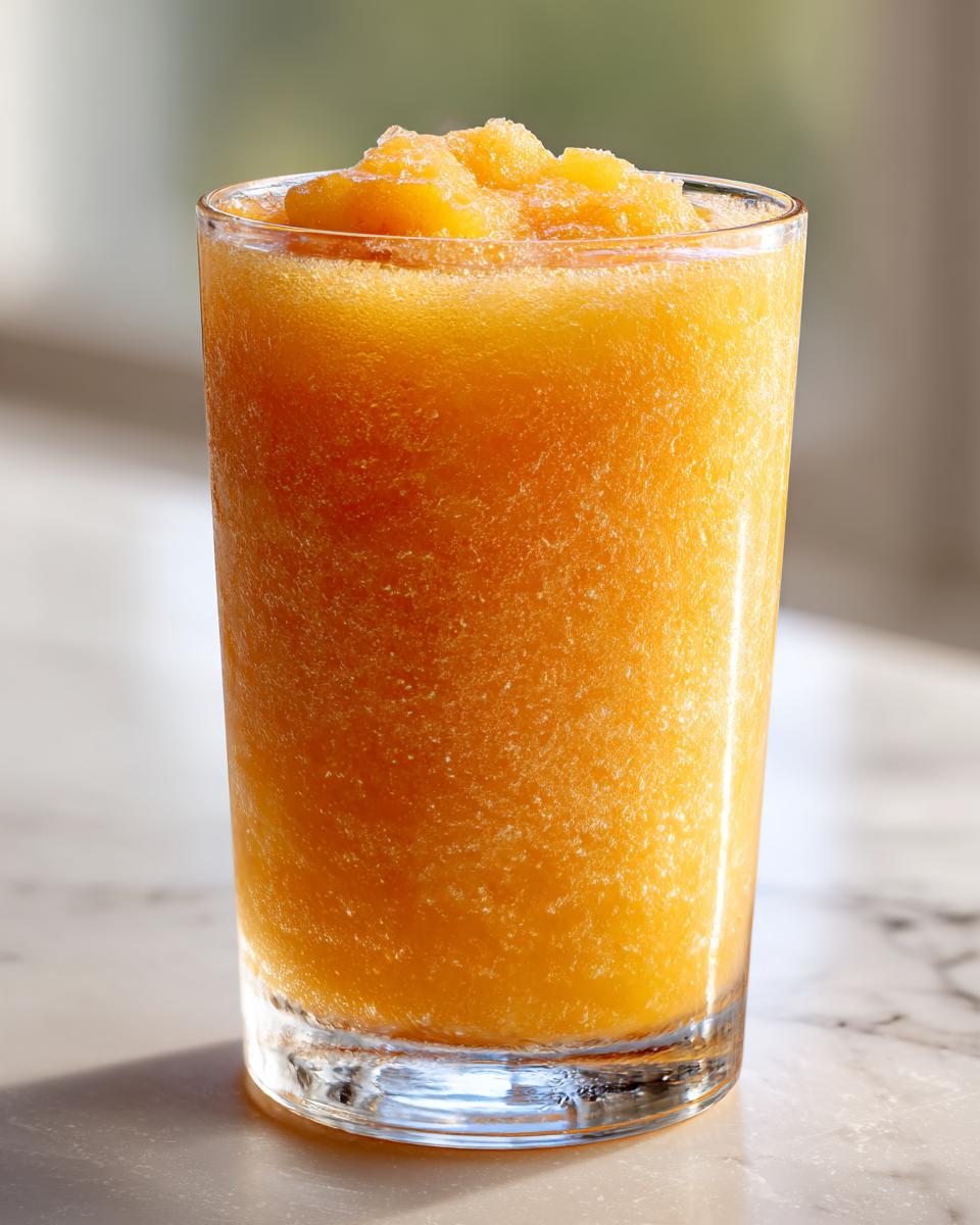 A refreshing glass of peach iced tea slush, perfect for a hot afternoon.