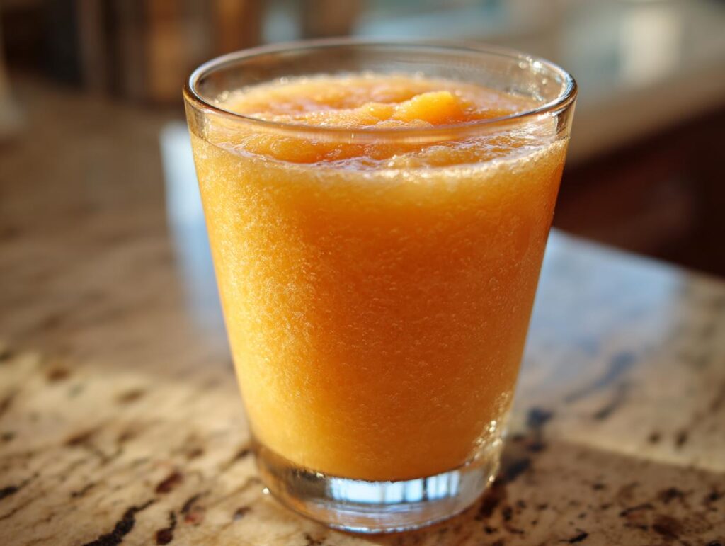 A refreshing glass of peach iced tea slush, perfect for hot afternoons.