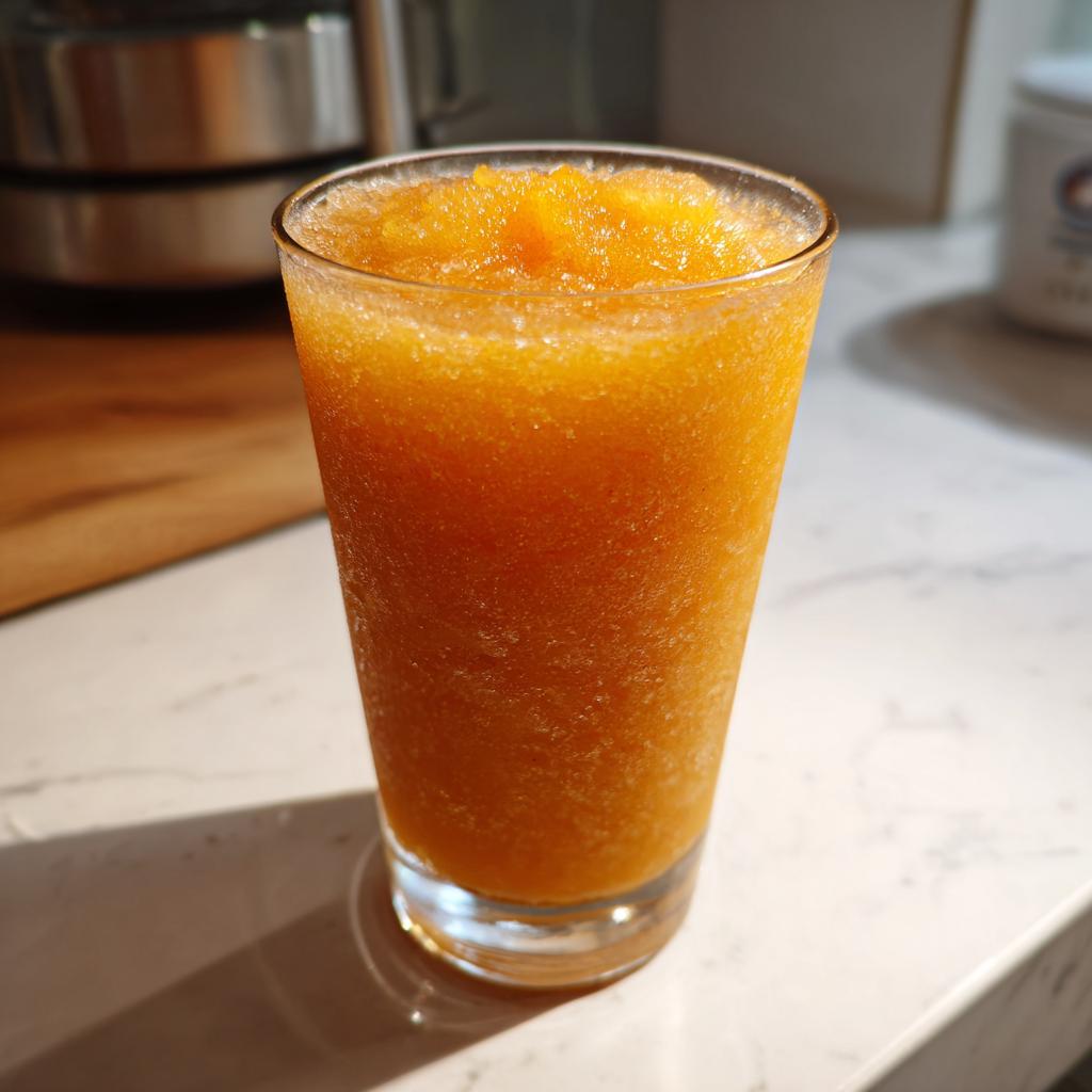 A tall glass filled with a frosty peach iced tea slush, perfect for hot afternoons.