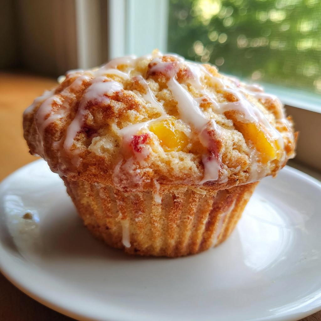 Close-up of a moist peach muffin topped with a sweet vanilla glaze and visible chunks of peach.
