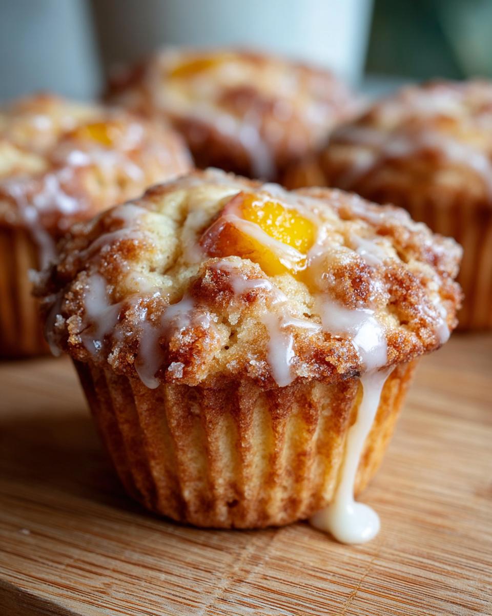 Close-up of a moist peach muffin topped with vanilla glaze and chunks of fresh peach.