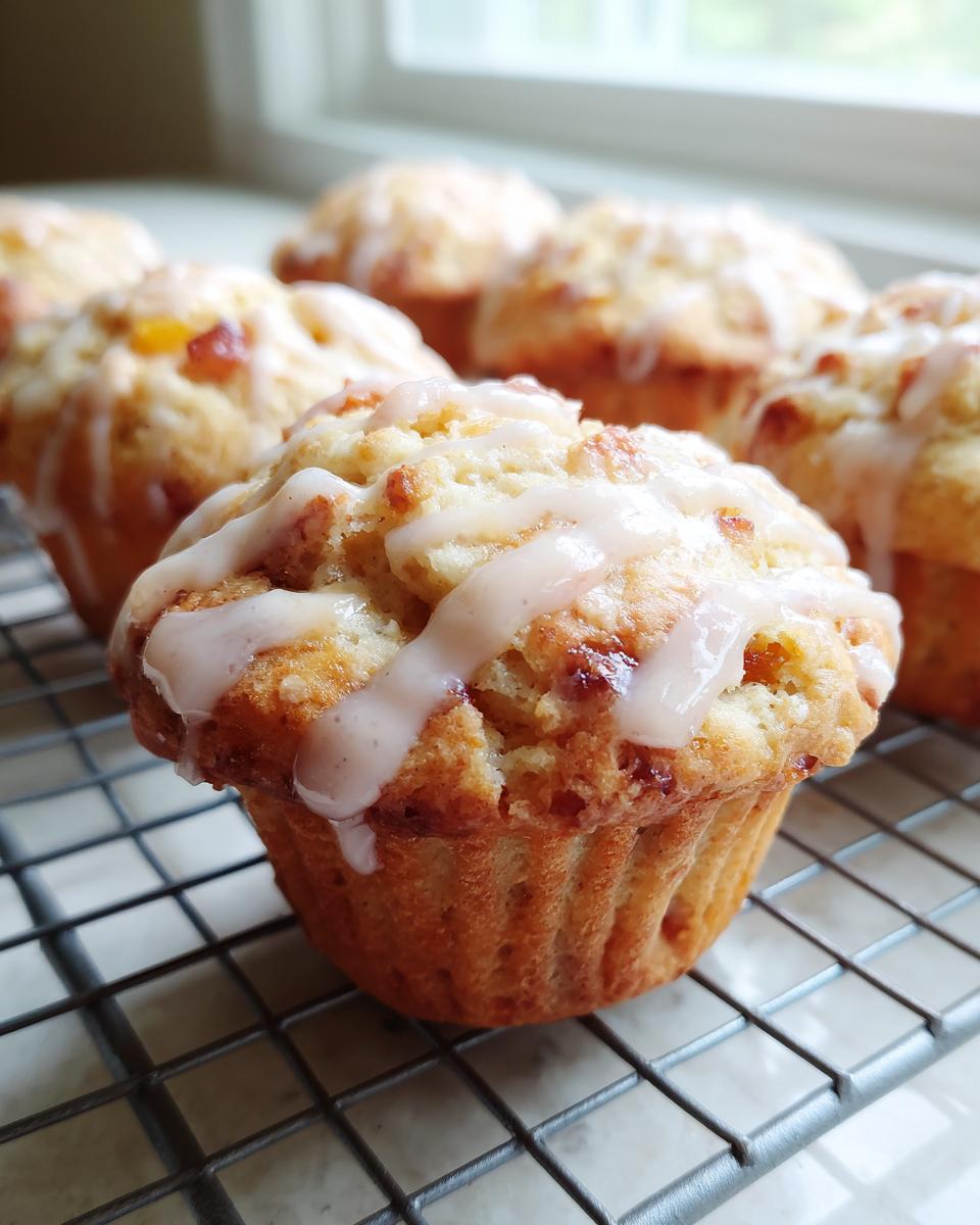 Close-up of a moist peach muffin with vanilla glaze drizzled on top, sitting on a cooling rack.