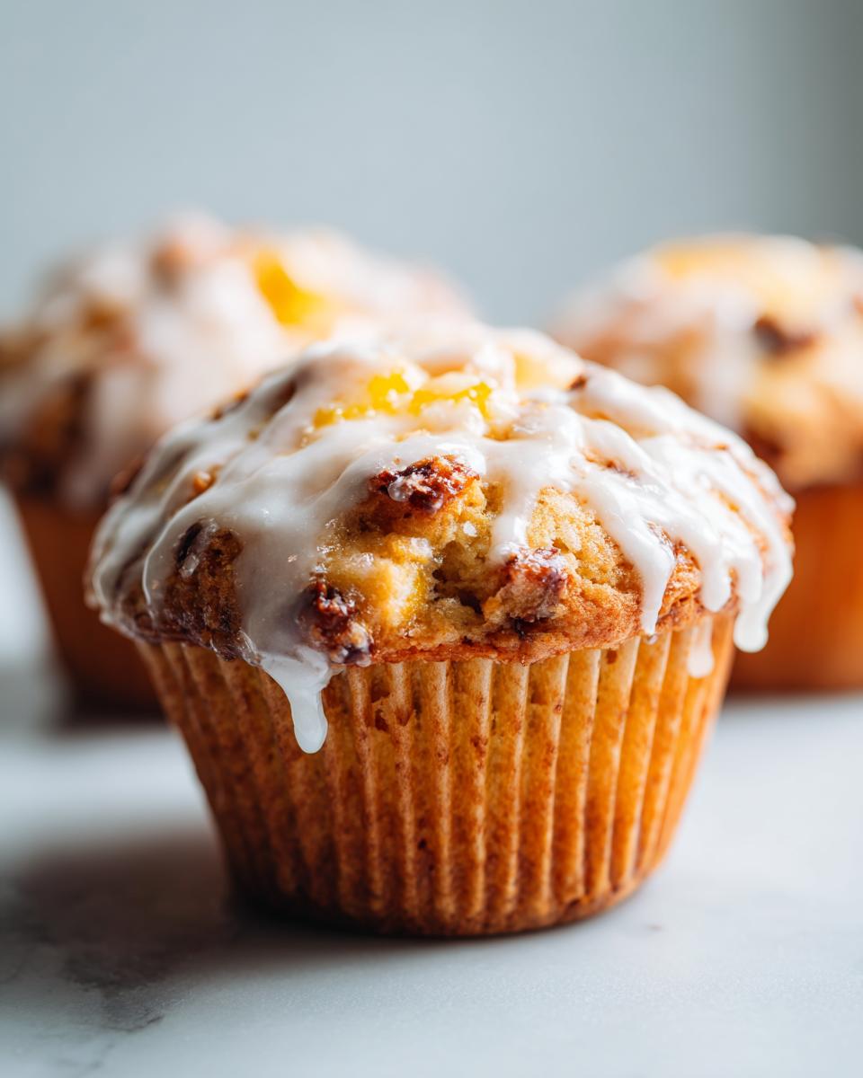 Close-up of a moist peach muffin topped with a drippy vanilla glaze, part of a batch of peach recipes.